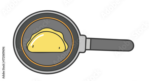 Animated Illustration of a Single Fried Dumpling in a Frying Pan Cooking Process Isolated