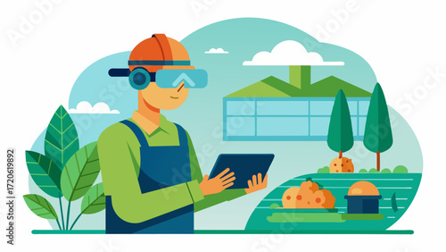 A virtual reality headset being used by a farmer to remotely monitor and manage their greenhouse from a distance.. Vector illustration