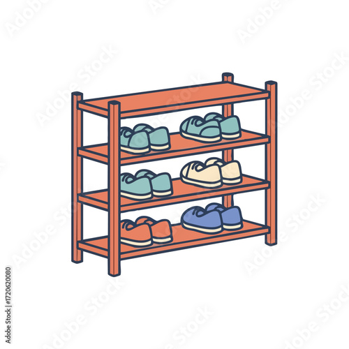 Shoe Rack with Colorful Sneakers and Shoes Home Organization Concept