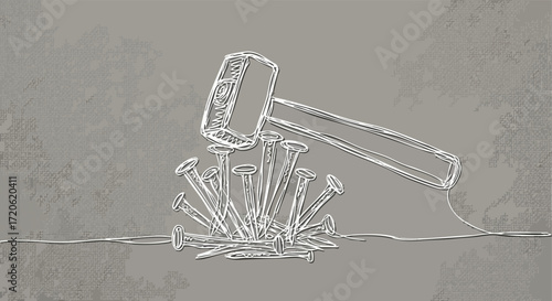 Hammer Hitting Nails Conceptual Illustration of Problem Solving and Construction
