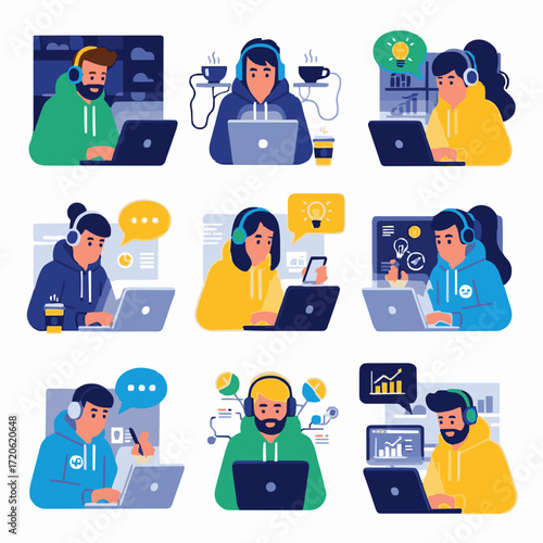 Concept illustration of diverse professionals remotely working and learning on laptops. Modern digital workplace, flexible careers, online education, and creative tasks