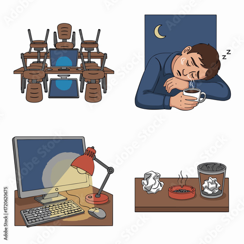 Workplace stress and sleep deprivation A visual representation of exhaustion and inefficiency
