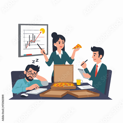 Business meeting with pizza break, exhausted employee, and focused colleagues in a modern office