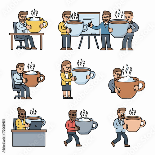 Coffee Break People Engaged in Various Activities with Oversized Coffee Cups