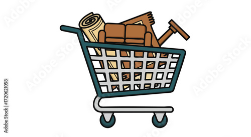 Shopping Cart Full of Home Furnishings Furniture Shopping Concept