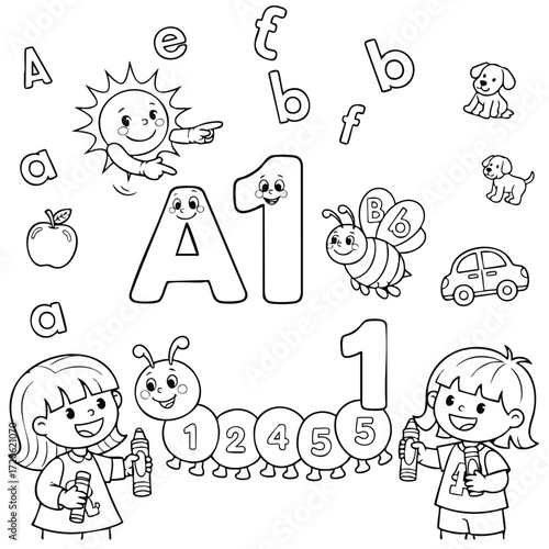 Preschool Coloring Page Learning ABCs and 123s with Cute Animals and Kids