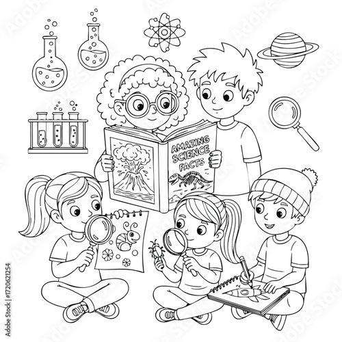 Kids Exploring Science Black and White Coloring Page Illustration