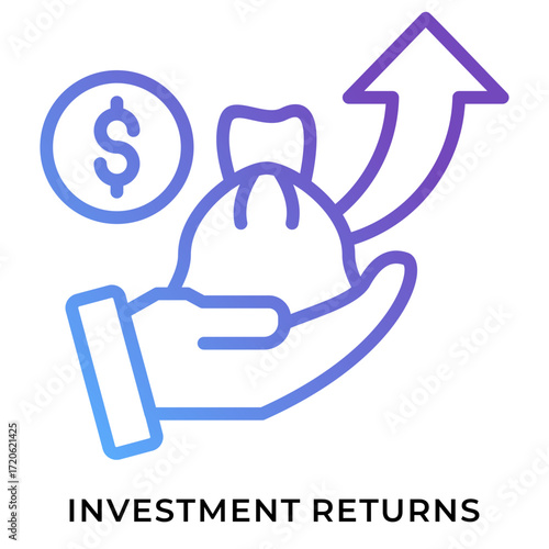 Gradient Investment Returns Icon in Blue and Purple - A gradient vector illustration showing a hand holding a money bag, a dollar symbol, and an upward arrow representing financial returns and profit