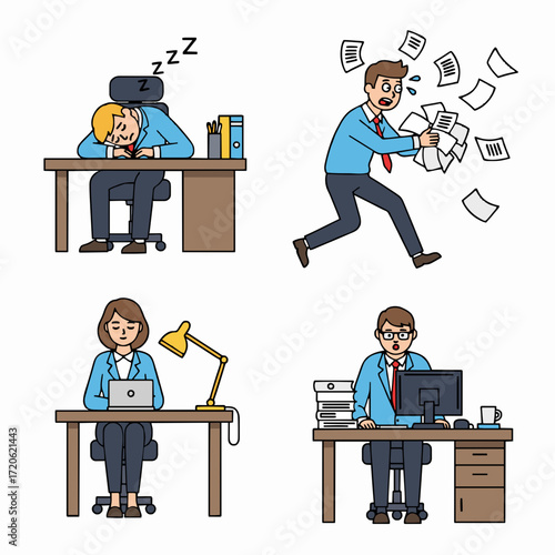 Busy office workers depicted in a humorous cartoon style, showing exhaustion, stress, and diligent work at their desks