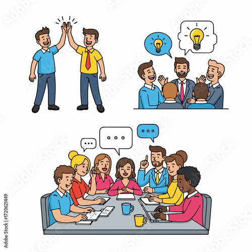 Teamwork and collaboration Diverse groups working together, sharing ideas, achieving success