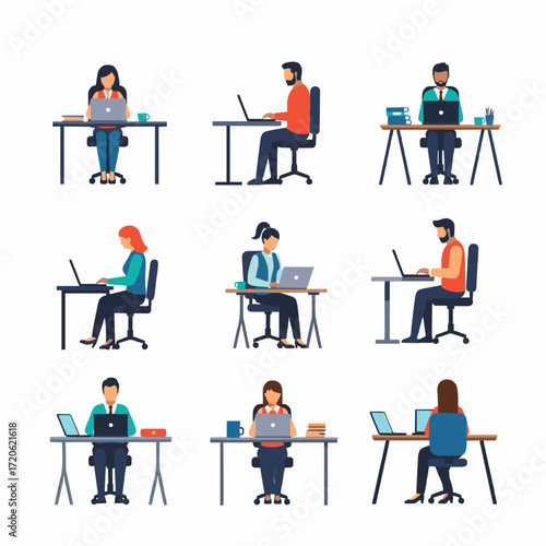 Diverse professionals engaged in tasks on laptops, representing modern workplace activities and remote work