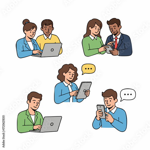 Diverse group of professionals collaborating and communicating using technology in a modern office setting