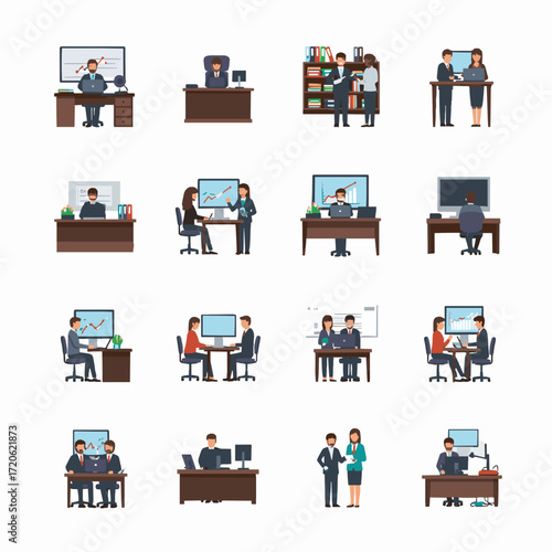 Illustrations of modern business professionals engaged in diverse office work, team meetings, and workplace interactions, portraying contemporary corporate life