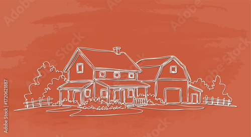 Rustic Farmhouse with Barn Line Art Illustration