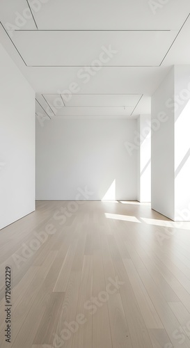 A minimalist interior showcasing a light beige wooden floor and white walls, accented by a subtle ceiling design.
