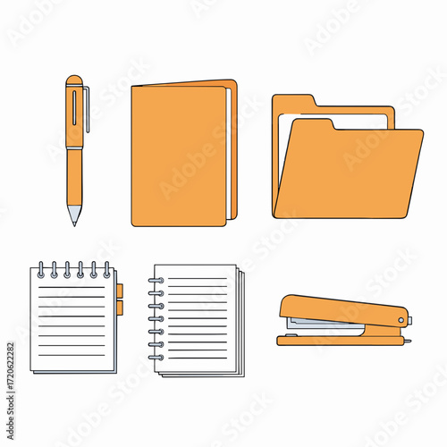 Collection of office supplies including notebooks, folders, pen, and stapler, representing stationery and organization