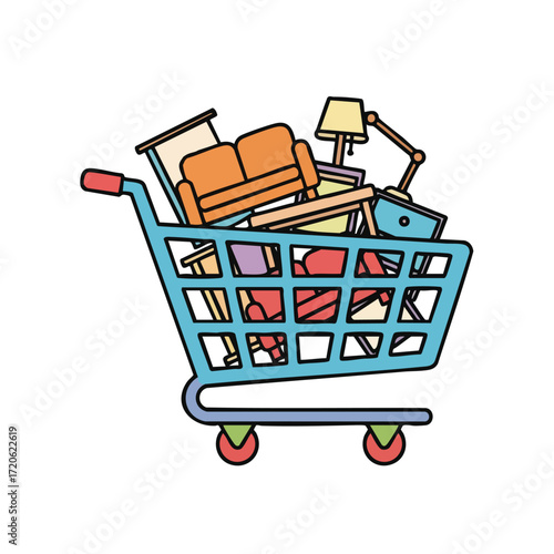 A blue shopping cart overflowing with assorted household furniture and items like a sofa, lamp, and table, on a white background.