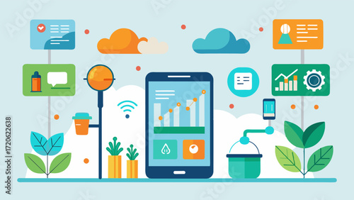 A smartphone app that allows farmers to remotely track and analyze crop progress and make adjustments to irrigation and fertilization schedules.. Vector illustration