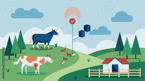 A virtual fence system that uses GPS technology to monitor and control livestock movement within a designated area.. Vector illustration