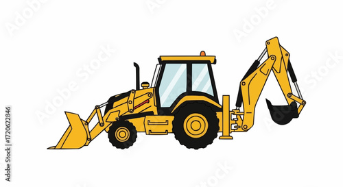 Illustration of a yellow backhoe loader, a versatile piece of heavy equipment essential for construction, excavation, and earthmoving projects across various work sites