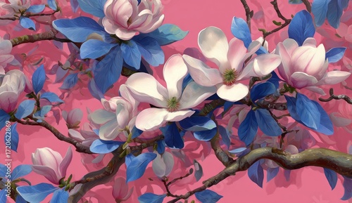 A vibrant display of magnolia blossoms with striking blue leaves against a soft pink backdrop.