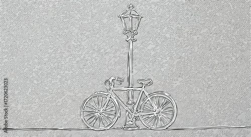 A detailed pencil sketch of a bicycle parked in front of a decorative street lamp.