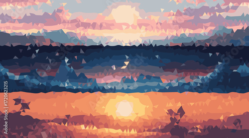 Sunset sky over abstract landscape geometric