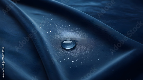 Closeup of a water droplet on a dark blue waterproof fabric surface