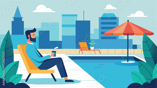 After wrapping up their morning meetings the workationer takes a quick break to enjoy the buildings rooftop pool and lounge area.. Vector illustration