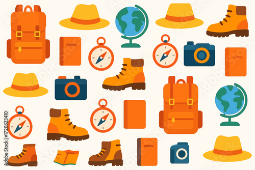 Colorful Travel Icon Pattern with Backpack Hat Shoes Camera Globe and Compass