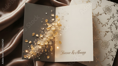 Open greeting card with gold floral design and forever always message