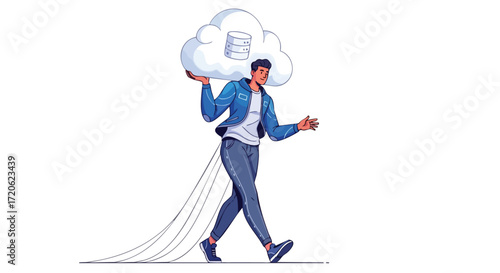Man Carrying Cloud Data Storage Digital Technology Concept Illustration
