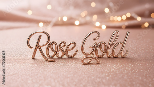 Rose gold text on a glitter background with bokeh lights in the background