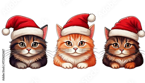 Cats with Santa Claus hats bundle, three variations isolated on transparent background PNG
