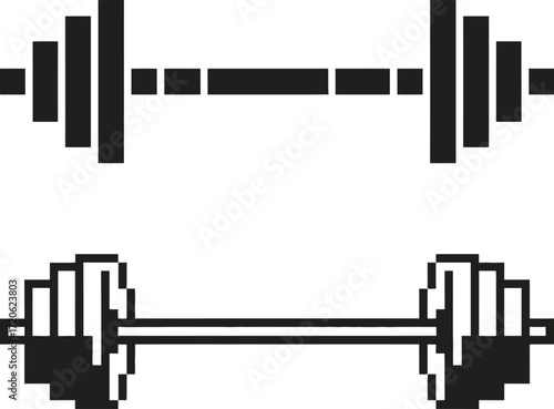 Two stylized barbells in black and white vector illustration