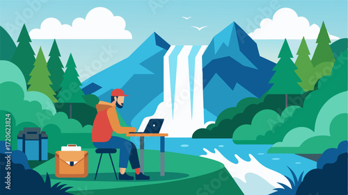 A hikers makeshift office set up near a refreshing waterfall as they take a muchneeded break from their trek.. Vector illustration