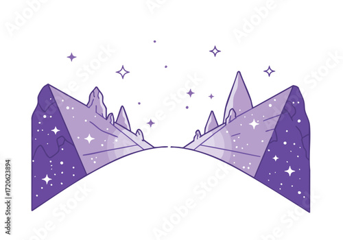 Purple Mountains and Starry Sky Line Art Landscape Illustration