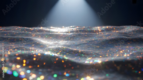 Abstract water surface with light reflections and sparkles, illuminated by spotlight