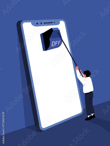 Symbolic illustration of person swiping brush across smartphone screen displaying OFF on solid blue background representing digital disconnection screen time awareness and tech mindfulness