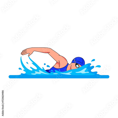 Cartoon illustration of a swimmer doing the crawl stroke in blue water with splashes, wearing a blue cap and goggles.