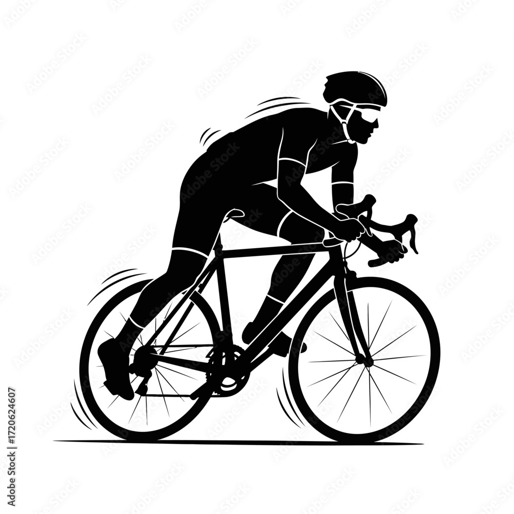 Naklejka premium Black silhouette of a male cyclist riding a road bike in a dynamic racing position, depicting speed and athleticism.