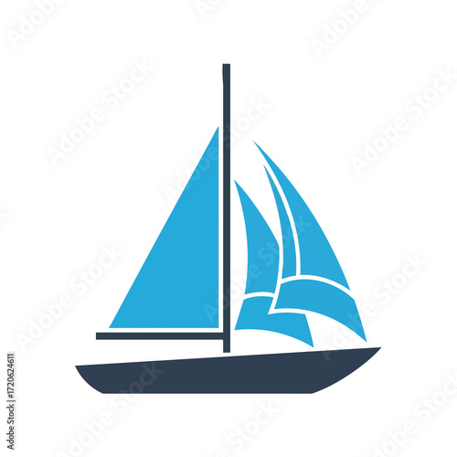 Illustration of a sailboat with blue sails and a dark hull, isolated on white.