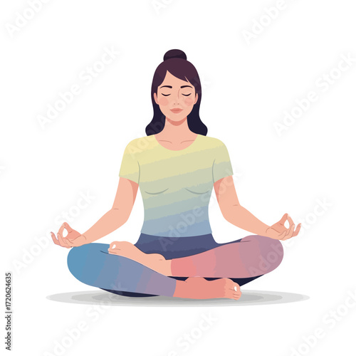 A serene woman with dark hair meditates peacefully in a lotus position, wearing a colorful gradient outfit, on a white background.