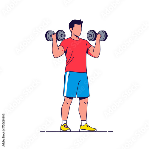 Full body shot of a man in a red t-shirt and blue shorts performing a dumbbell shoulder press exercise.