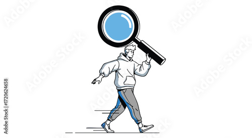 Person walking with a magnifying glass on head search concept illustration
