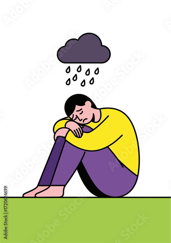 Sad Person Under Rain Cloud Flat Vector Illustration