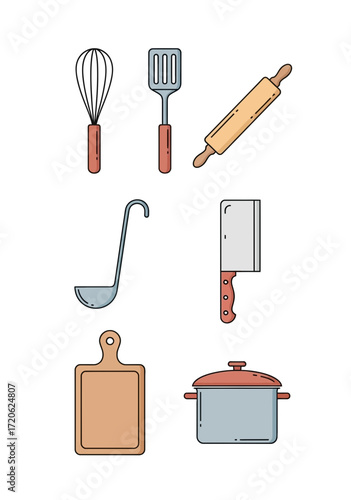 Flat Line Art Kitchen Utensils Cooking Tools Collection
