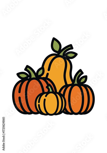 Flat Outlined Cartoon Pumpkins and Gourds for Autumn Harvest