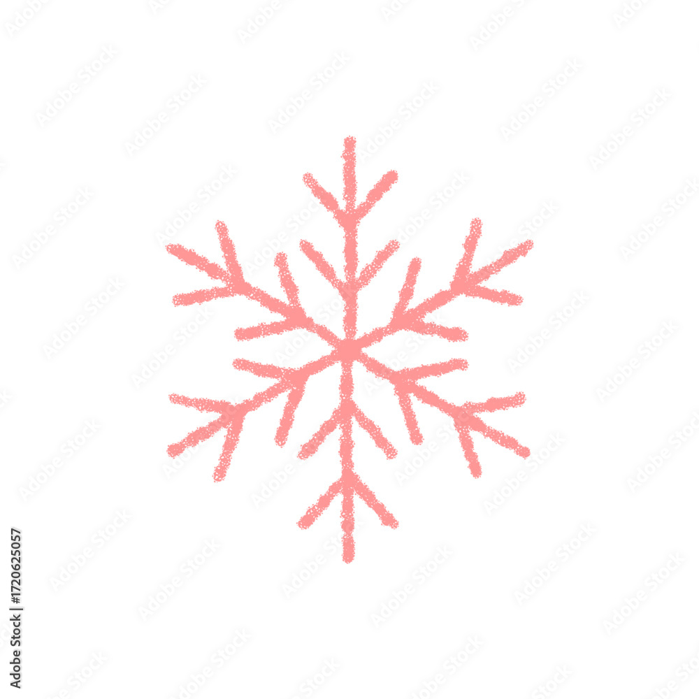 Naklejka premium Pink chalk snow flake symbol in hand drawn style. Winter ornament and frosty decoration, ice element with chill and cold feel. Christmas snowflake design for seasonal holiday theme.