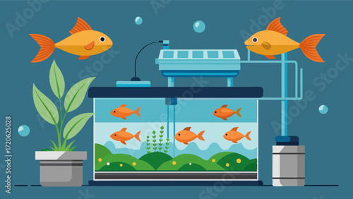 A smart aquaponics system using automated feeding and nutrient dosing to maintain a balance between fish and plant growth.. Vector illustration